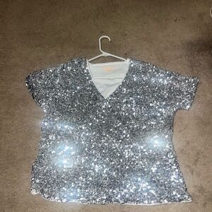Silver Sequin V-Neck Top